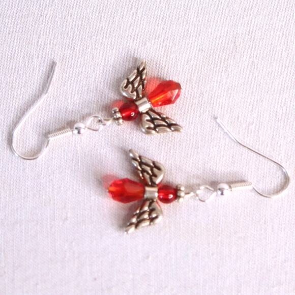 Little Dangling Angel Earrings Pierced Red Faceted Stone Silver Tone - Picture 6 of 9